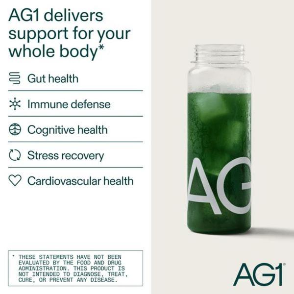 A clean, minimalist 1:1 creative showing a green powder drink alongside a vertical list of health benefit claims.